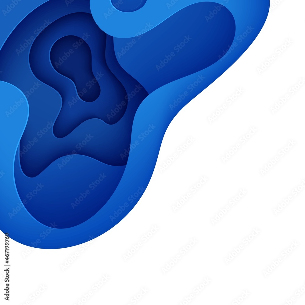 Abstract background with water waves in paper cut style. 3d wallpaper with cut out deep wavy modern cover. Blue color layers with smooth shadow papercut art. Vector illustration, origami shapes Abstract background with water waves in paper cut style. 3d wallpaper with cut out deep wavy modern cover. Blue color layers with smooth shadow papercut art. Vector illustration, origami shapes