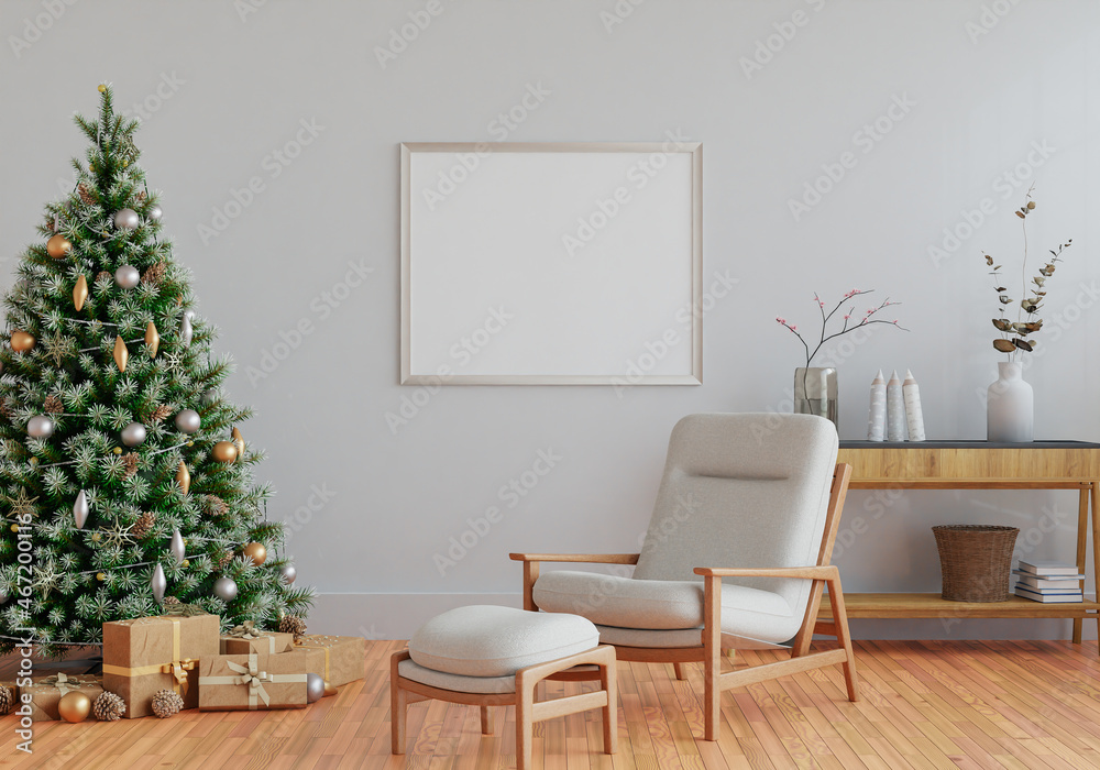 3D mockup photo frame with christmas tree in living room 3D mockup photo frame with christmas tree in living room