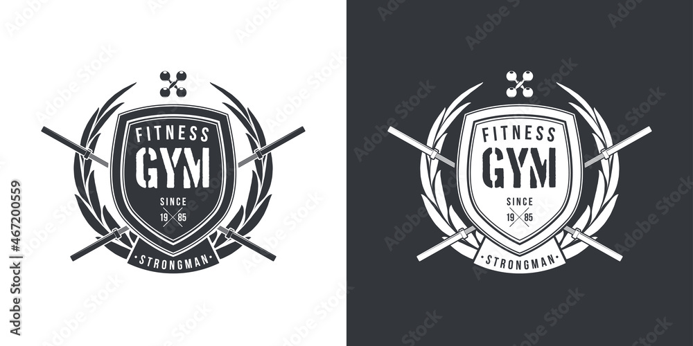 logo athletic club for bodybuilding, powerlifting, weightlifting, crossfit and fitness training. Barbell club logo vintage design isolated on background. Emblem for gym and heavy training of strongman