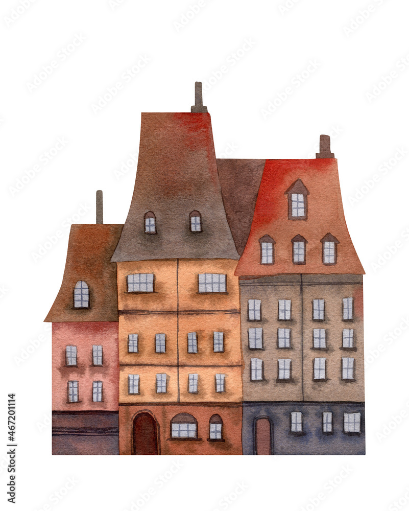 Fototapeta premium Old city illustration. Watercolor town street with brick houses, roof tiles, chimney. European buildings and architecture