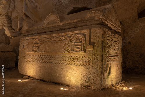 Принти на полотні Sarcophagus with Ark of the Covenant carved relief in the Cave of the coffins at