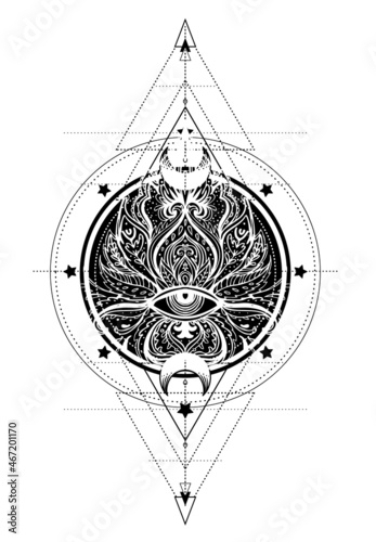Lotus, Eye, Sacred Geometry. Ayurveda symbol of harmony and balance, and universe. Tattoo flesh design, yoga logo. Boho print, poster, t-shirt textile. Anti stress book. Isolated vector illustration..