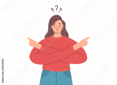 Confused woman makes a choice. Difficult choice between two options. Making decision.