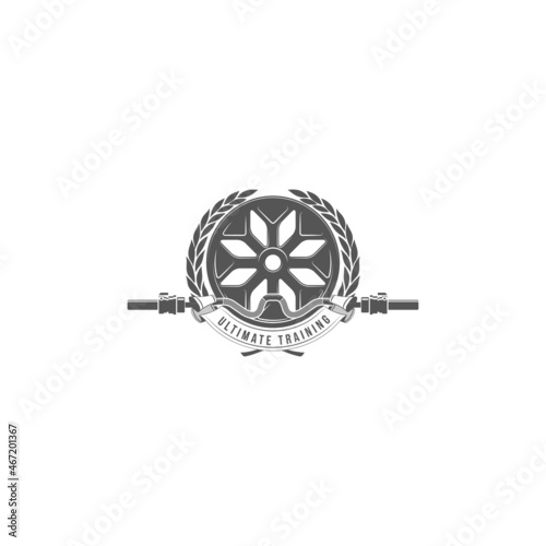 logo athletic club for bodybuilding, powerlifting, weightlifting, crossfit and fitness training. Barbell club logo vintage design isolated on background. Emblem for gym and heavy training of strongman
