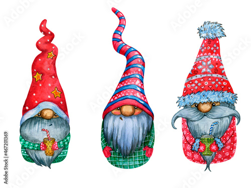 Watercolor set of cute fairy gnomes in Christmas style on an isolated background. Illustration for clothing, packaging, dishes, postcards, posters and stationery.