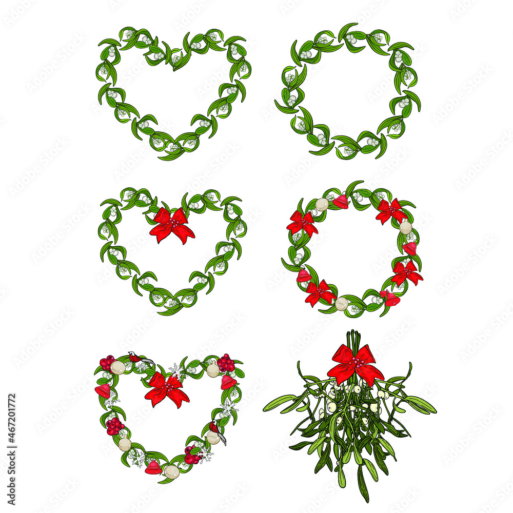 Set of large frames from mistletoe. Circle for Christmas, greeting lettering. Blank for designers, logo, icon