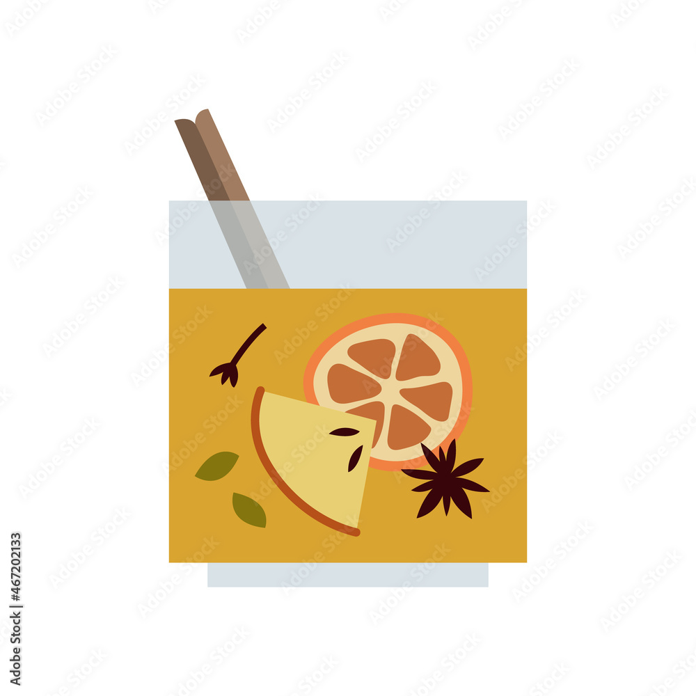Christmas mulled white wine with citrus fruit, apple, cinnamon, clove, cardamom, anise. Winter hot drink. Sangria, apple cider. Traditional xmas beverage. Vector flat cartoon illustration Christmas mulled white wine with citrus fruit, apple, cinnamon, clove, cardamom, anise. Winter hot drink. Sangria, apple cider. Traditional xmas beverage. Vector flat cartoon illustration
