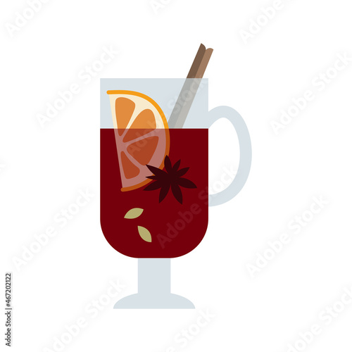 Christmas mulled red wine with citrus fruit, apple, cinnamon, clove, cardamom and anise. Sangria. Winter hot drink. Traditional xmas beverage. Vector flat cartoon illustration