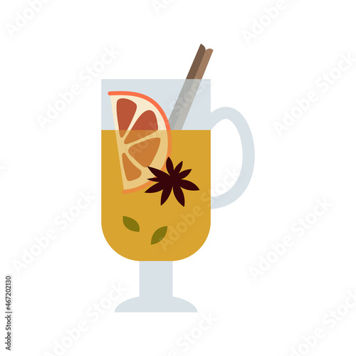 Christmas mulled white wine with citrus fruit, apple, cinnamon, clove, cardamom, anise. Winter hot drink. Sangria, apple cider. Traditional xmas beverage. Vector flat cartoon illustration