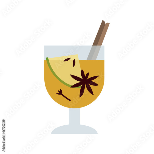 Christmas mulled white wine with citrus fruit, apple, cinnamon, clove, cardamom, anise. Winter hot drink. Sangria, apple cider. Traditional xmas beverage. Vector flat cartoon illustration