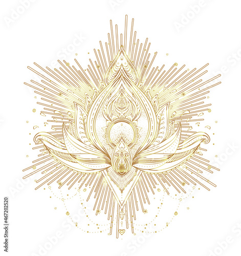 Vector ornamental Lotus flower, ethnic art, patterned Indian paisley. Hand dr...