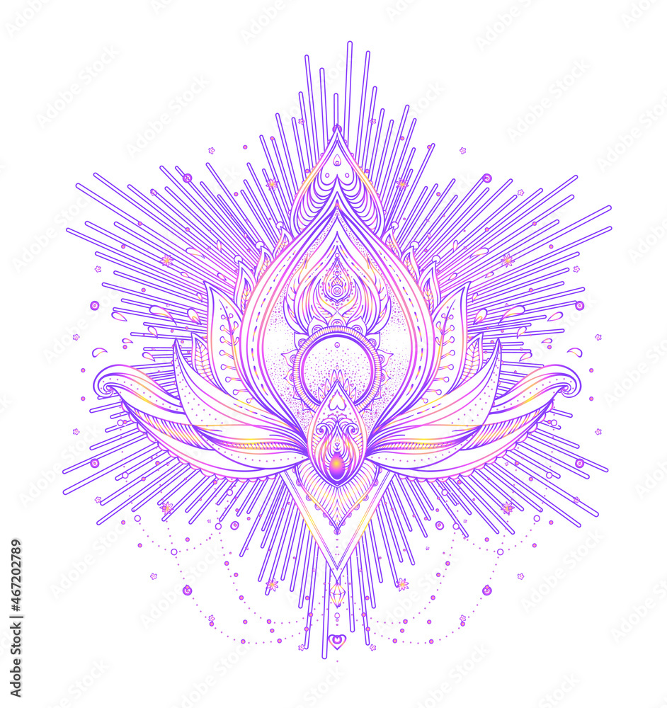 Vector ornamental Lotus flower, ethnic art, patterned Indian paisley. Hand drawn illustration. Invitation element. Tattoo, astrology, alchemy, boho and magic symbol. Coloring book for kids and adults.