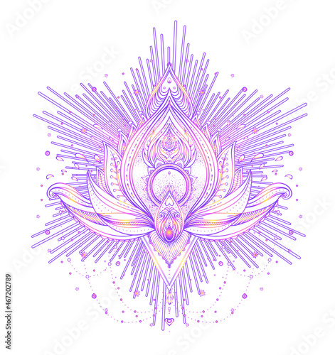 Vector ornamental Lotus flower, ethnic art, patterned Indian paisley. Hand dr...