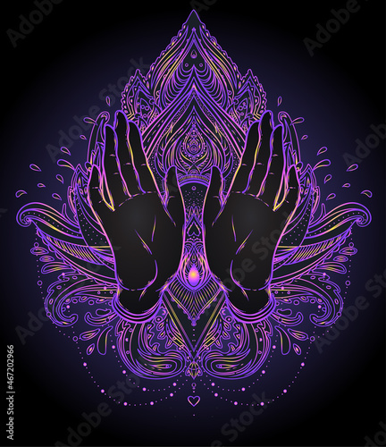 Vector ornamental Lotus flower and praying hands, patterned Indian paisley. Inticate illustration. Invitation element. Tattoo, astrology, alchemy, boho and magic symbol. Coloring book for adults..