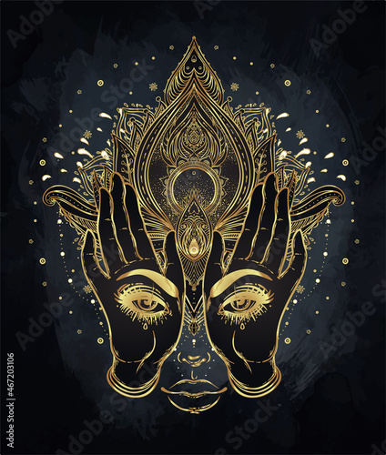 Vector ornamental Lotus flower, all-seeing eye, patterned Indian paisley. Hand drawn illustration in gold. Invitation element. Tattoo, astrology, alchemy, boho and magic symbol.