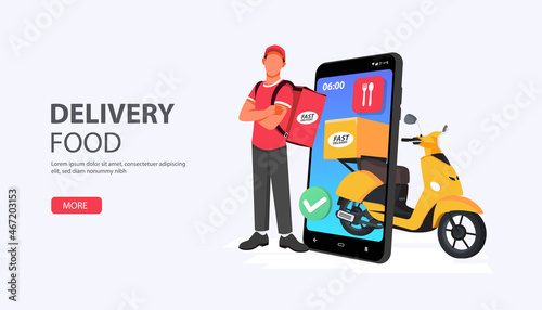 Delivery Food Express and scooter shipping with a mobile smart phone - vector illustration
