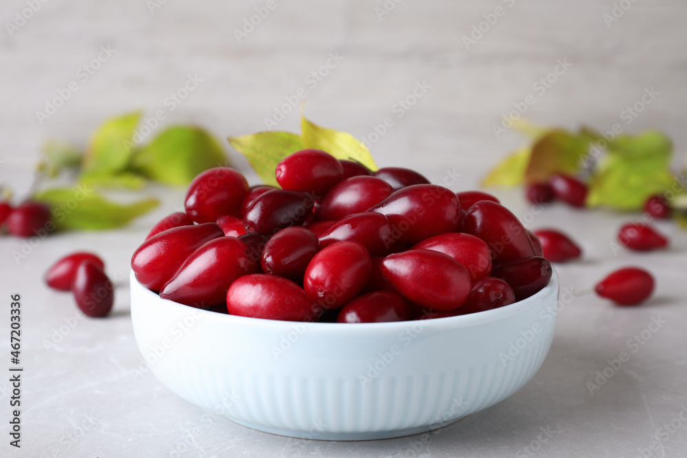Fresh ripe dogwood berries in bowl on light grey table, closeup Fresh ripe dogwood berries in bowl on light grey table, closeup