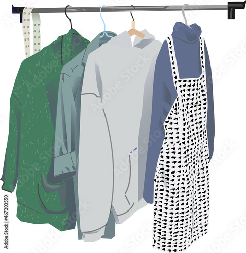 Casual wardrobe. Clothes for every day. Illustration with autumn clothes. A set of things on a hanger.