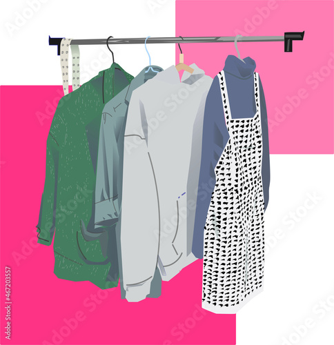 clothes hanging on hangers. Casual wardrobe. Clothes for every day. Illustration with autumn clothes.