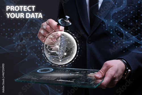 Business, Technology, Internet and network concept. Financial Graph. Stock Market chart. Young businessman working on a virtual screen of the future and sees the inscription: Protect your data