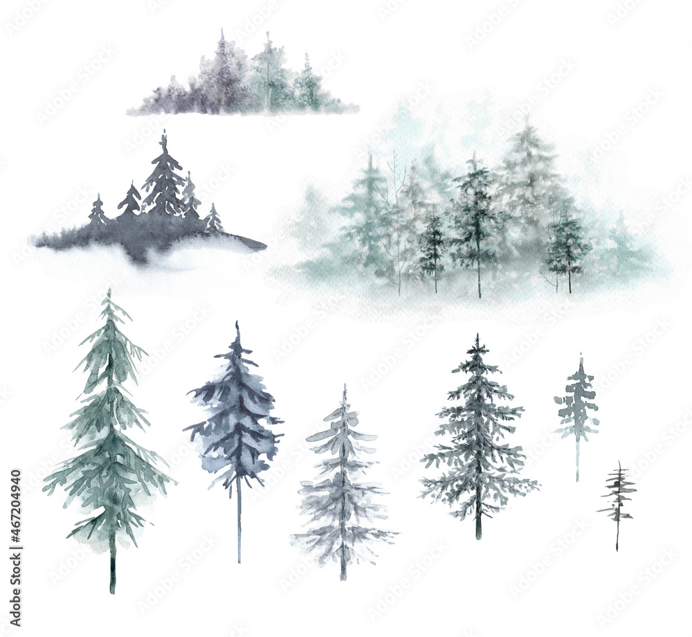 Obraz premium set of watercolor monochrome illustrations of mountains hills and forest. Siberia, Canada, Finland. Forest landscape, hand-painted