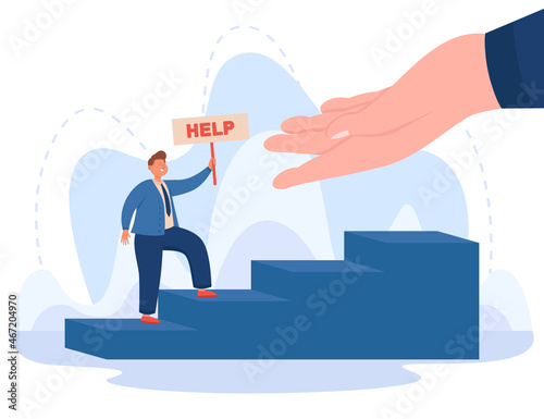 Hand of help for businessman flat vector illustration. Young man holding sign pleasing for assistance in emergency situation. Social solidarity, teamwork, charity concept