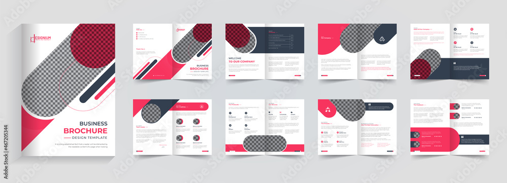16 Page company profile design,  abstract corporate brochure template, pink bi-fold business brochure design template vector