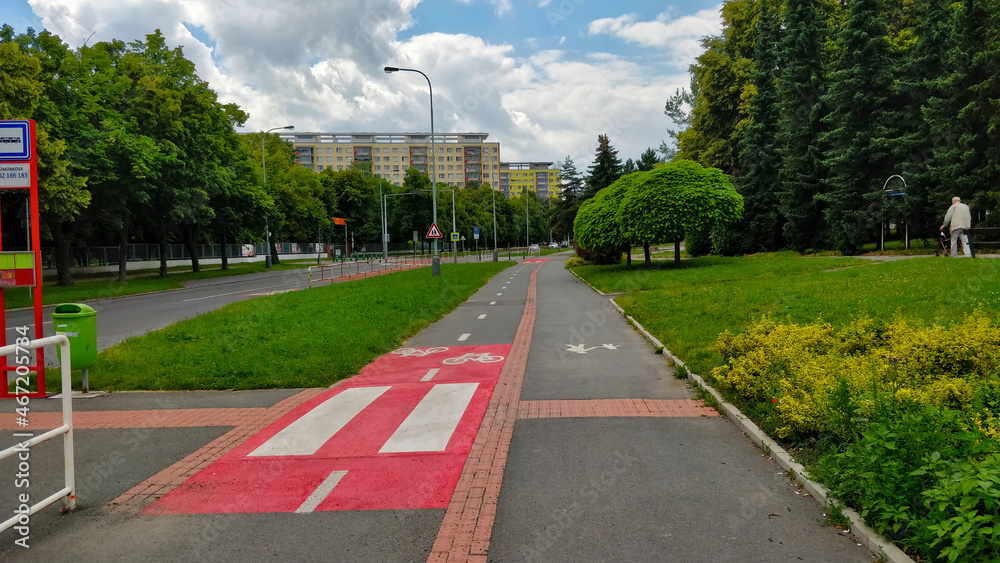 Naklejka premium Sidewalk combined with cycleway with zebra crossing going around the park on the right side and road on the left side. The summer weather is pleasant.