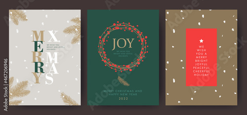 Merry Christmas and Happy New Year Set of greeting cards, posters, holiday covers. Elegant Xmas design in green, red and gold colors with hand drawn fir branches, Christmas wreath, brush painted snow 