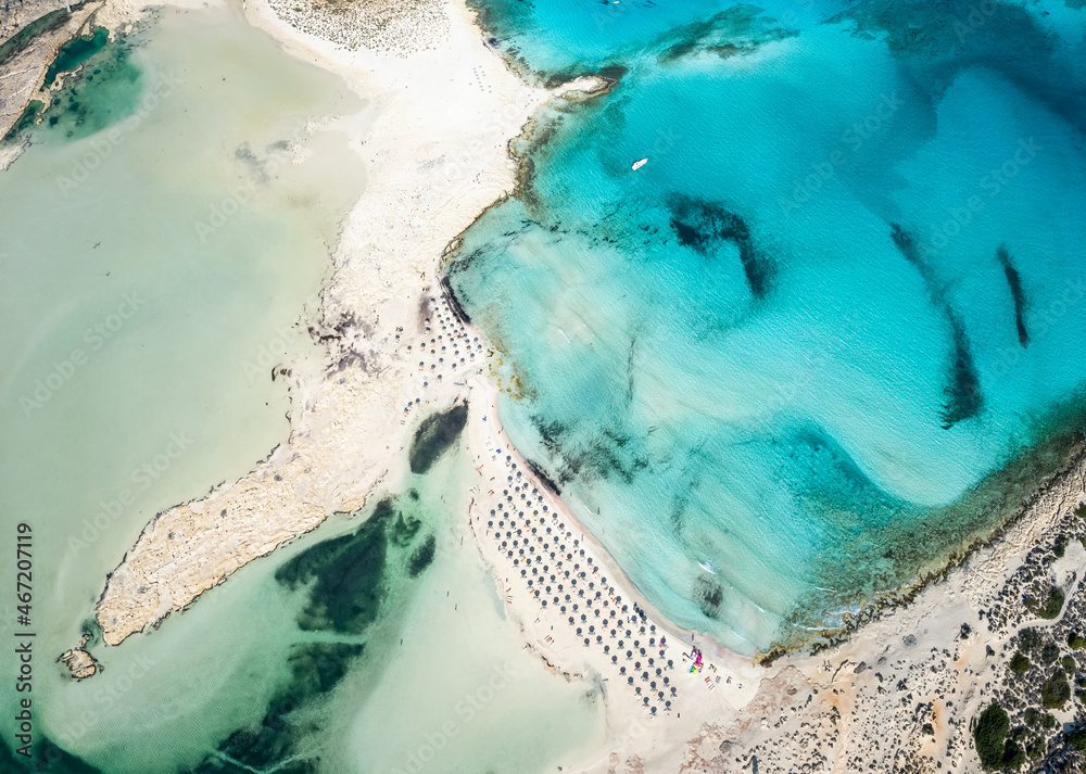 Amazing aerial view of Balos lagoon beach with turquoise waters, Crete, Greece