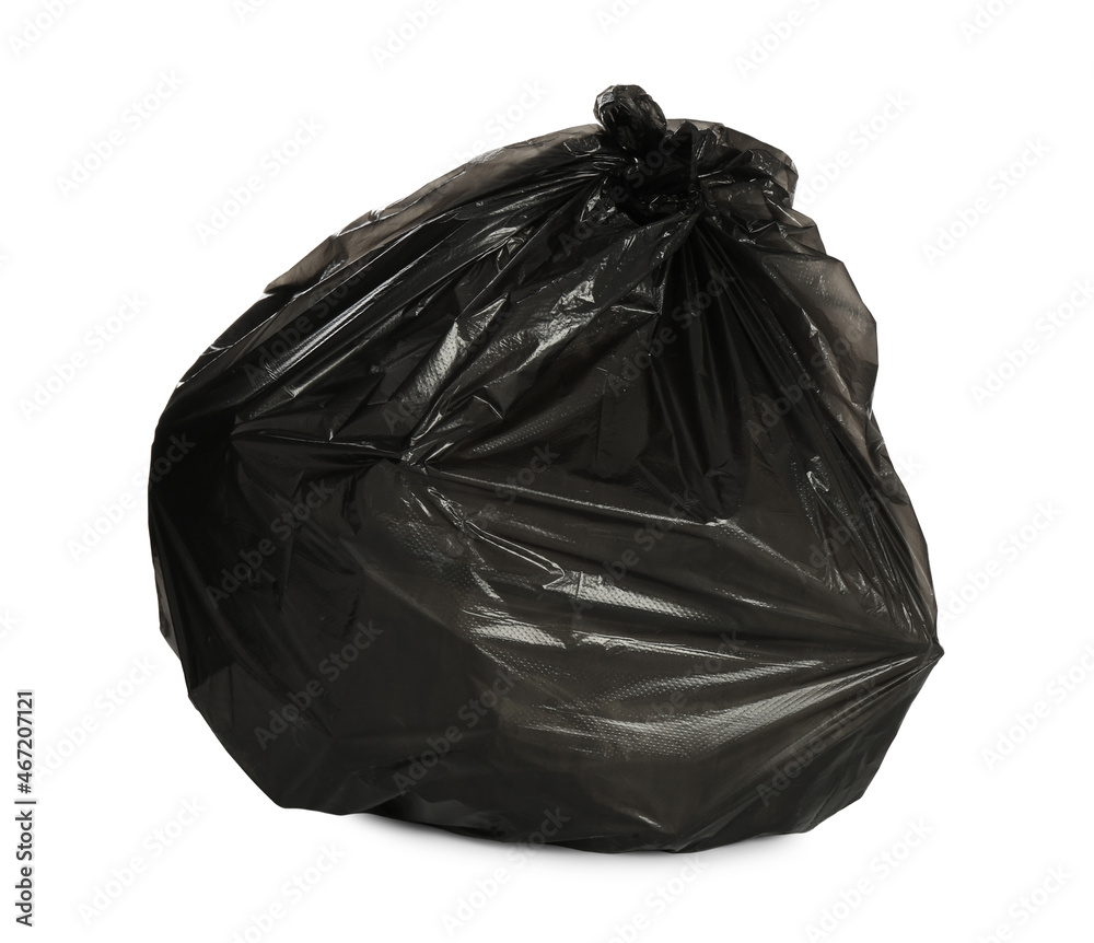 Black trash bag filled with garbage isolated on white