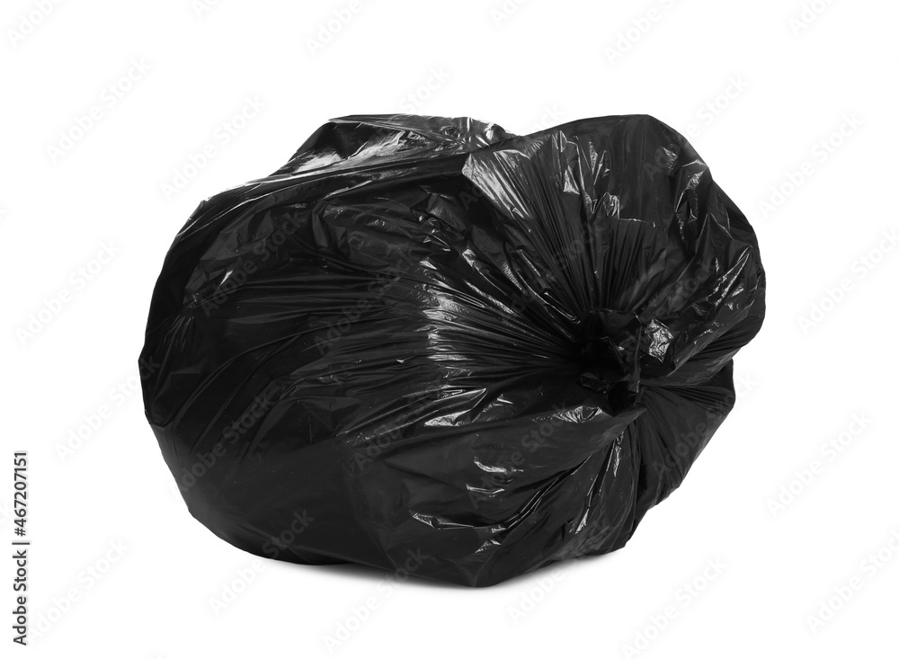Black trash bag filled with garbage isolated on white Black trash bag filled with garbage isolated on white