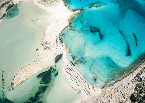 Amazing aerial view of Balos lagoon beach with turquoise waters, Crete, Greece