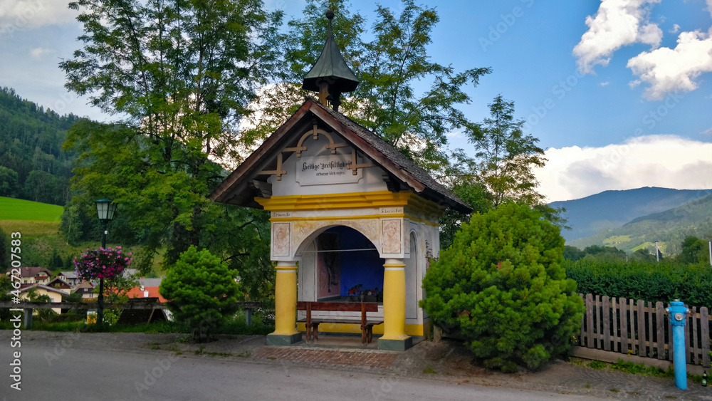 Beautifully decorated village chapel in alpine region of Austria.
