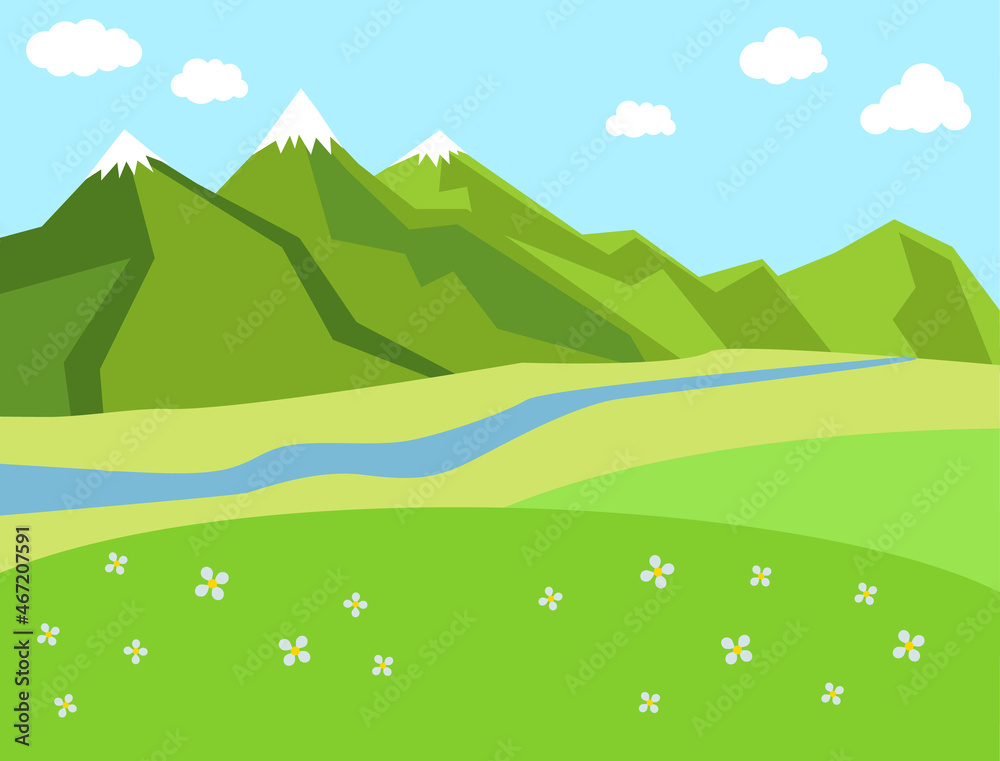 Green sunny lanscape with mountains, river and valley or medow. Cartoon vector illustration.