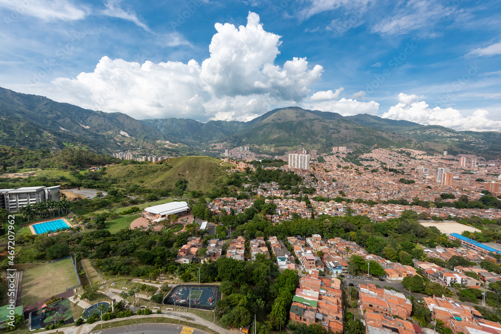 Bello, Antioquia, Colombia. December 17, 2019: Bello landscape with architecture, mountains and blue sky.