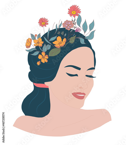 Psychology awareness consciousness psychiatry or mental health concept.Isolated vector illustration face of relaxed smiling female woman with flowers on her head.Imagination.Mind and soul