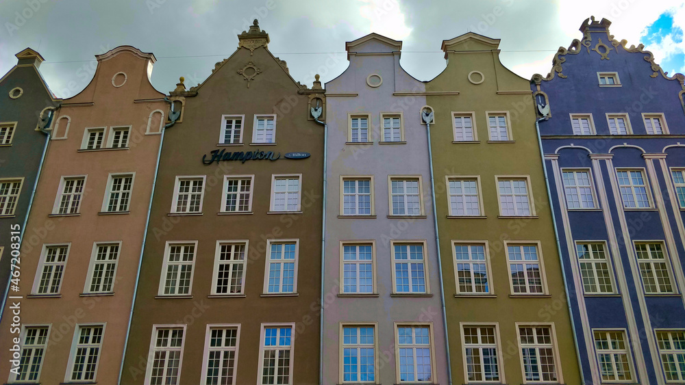 Beautifully reconstructed traditional hanseatic city center houses with colorful facades.