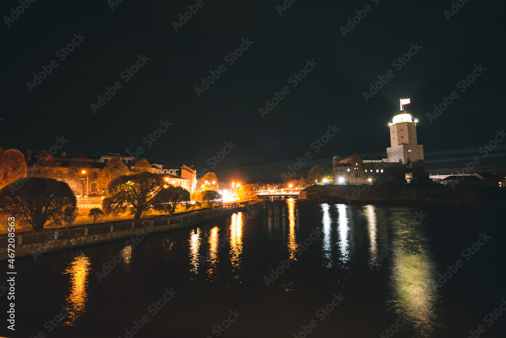 Tower of Saint Olav, medieval Swedish fortress castle, night in Vyborg, Russia. Vyborg Castle