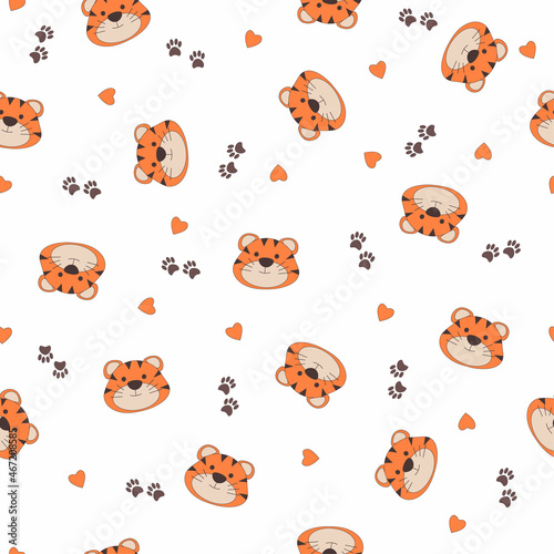 tiger face seamless pattern, cute animal design for baby clothes, vector illustration