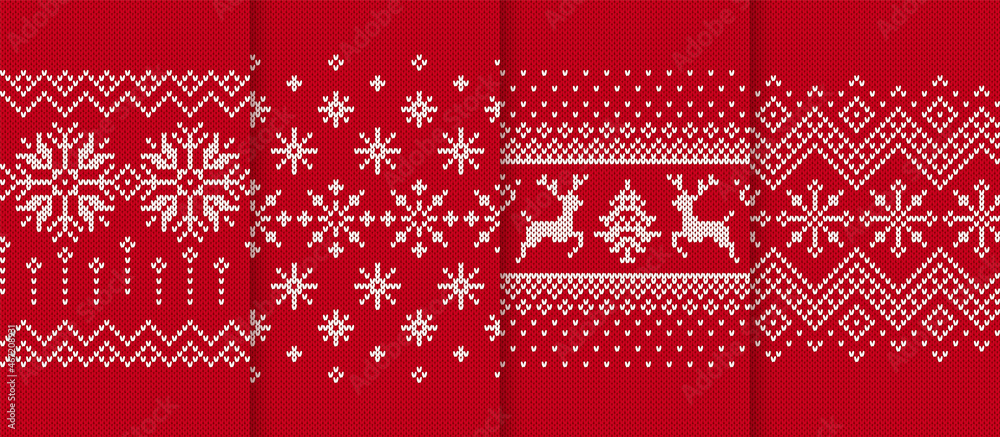 Christmas knit prints. Seamless pattern. Red knitted borders. Sweater winter textures. Fair isle traditional backgrounds. Holiday ornaments. Festive crochet. Wool pullover frame. Vector illustration - obrazy, fototapety, plakaty 