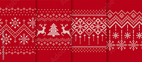 Knit seamless pattern. Red knitted textures. Christmas borders. Set Xmas prints. Festive sweater. Fair isle traditional ornament. Holiday ugly backgrounds. Winter frames. Vector illustration.