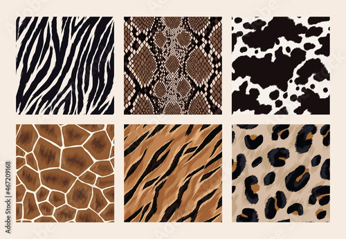 Set of seamless exotic african animal skins. Zebra, leopard, cheetah, giraffe, snake, jaguar, tiger and cow vector textures.