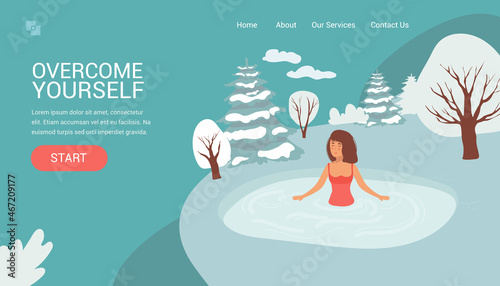 Landing page female Character Swimming in Ice. Healthy lifestyle challenge, sport activity concept. Hole in Winter Season. Woman, Healthy Lifestyle Challenge, Sports Activity. Vector Illustration