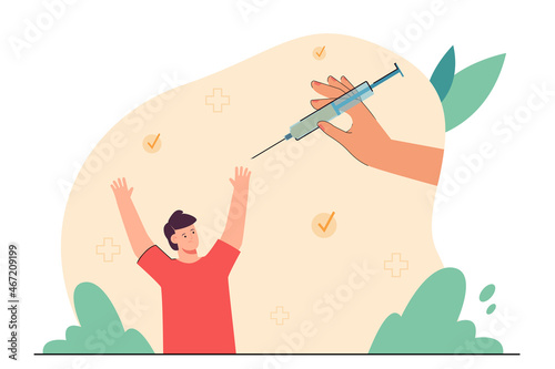 Huge hand holding syringe and cartoon boy scared of vaccine shot. Doctor giving injection to child flat vector illustration. Health, medicine, vaccination concept for banner or landing web page