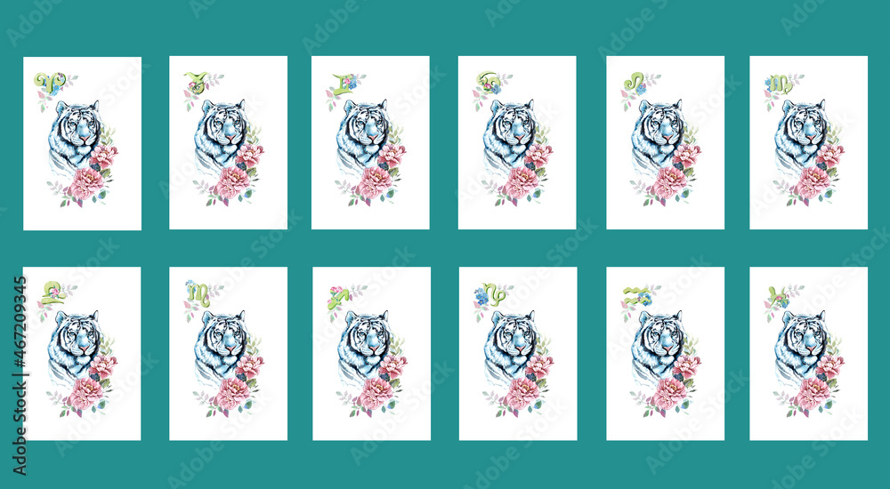 Watercolor tigers with zodiac signs on isolated white background.Set chinese symbol illustration. Badge, seal, postcard.. Watercolor tigers with zodiac signs on isolated white background.Set chinese symbol illustration. Badge, seal, postcard..