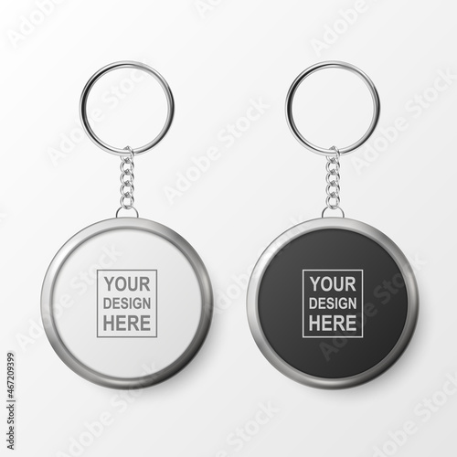 Vector 3d Realistic Blank White and Black Round Keychain with Ring and Chain for Key Set Isolated. Button Badge with Ring. Plastic, Metal ID Badge with Chains Key Holder, Design Template, Mockup