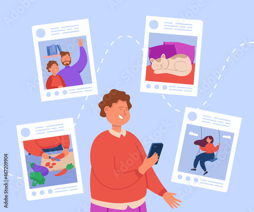 Person sharing moments on social media flat vector illustration. Young guy holding smartphone and posting photos for likes and followers. Internet addiction, social media influence concept