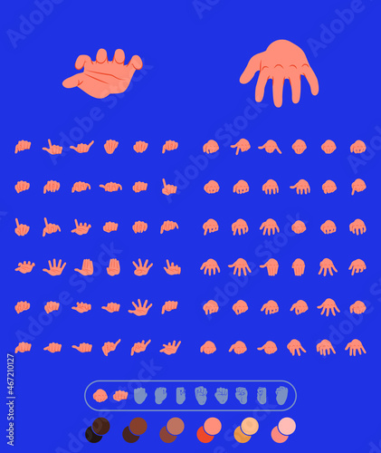 set of 72 hands in different positions. flat illustration of hands to use in animations, character illustrations or as an icon. with color palette for other ethnicities. eps 10