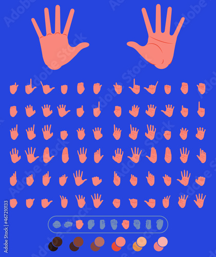 set of 72 hands in different positions. flat illustration of hands to use in animations, character illustrations or as an icon. with color palette for other ethnicities. eps 10
